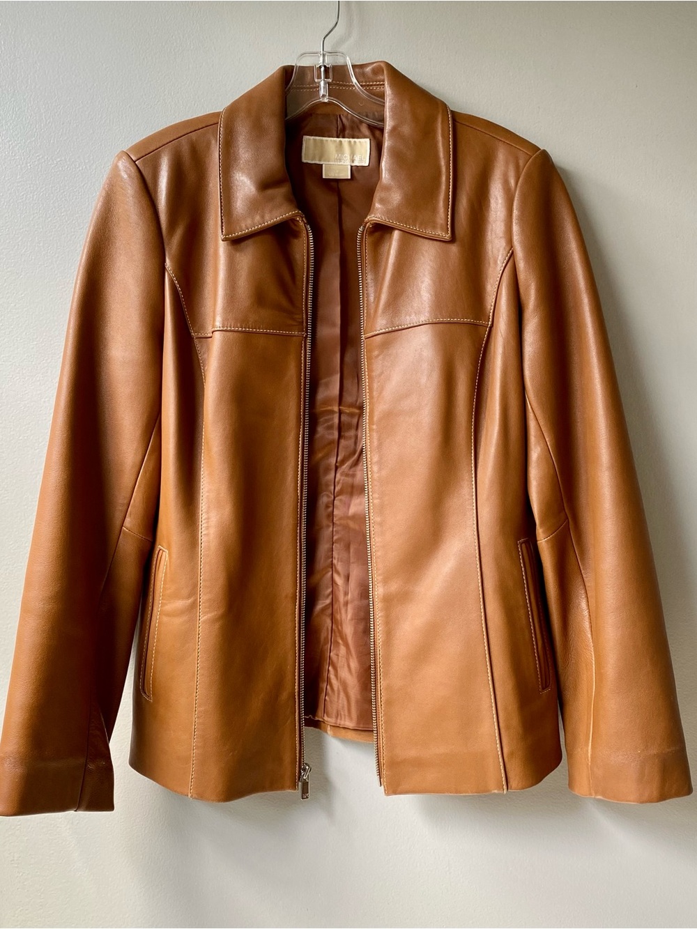 Michael Kors Cognac Leather Zip-Front Jacket